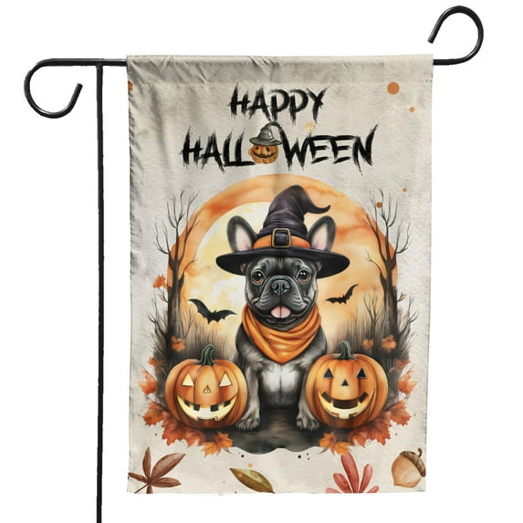 Happy Halloween French Bulldog Witches Hat Pumpkin Carving Garden Flag 12x18in Double Sided Dog Lover Gifts Outdoor Decor - 02019