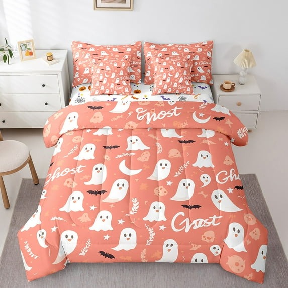 Happy Halloween Full Comforter Set 7 Piece Cute Ghost Bat Bed In A Bag With Sheets Bedroom Decor,Cartoon Ghost Orange Bedding Set Halloween Style Stars Leaves Bed Set