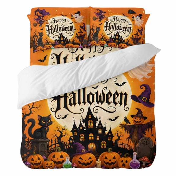 Happy Halloween Full Duvet Cover Set, Haunted Castle Pumpkins Witch Flying Ghosts 4 Piece Microfiber Bedding Set with Zipper Closure, Bed Sheet and 2 Pillow Shams, Soft Bedding Cover