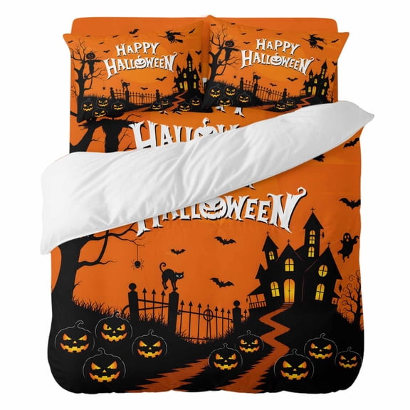 Happy Halloween Full Duvet Cover Set, Orange Black Haunted House Spooky Pumpkin 4 Piece Microfiber Bedding Set with Zipper Closure, Bed Sheet and 2 Pillow Shams, Soft Bedding Cover