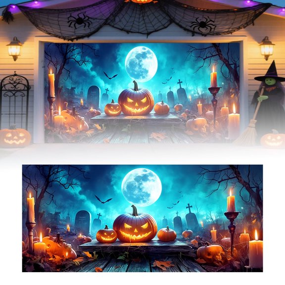 Happy Halloween Garage Door Cover Banner 189 x 82.6 Inch with Castle Pumpkins Bats Cemetery, Spooky Night Full Moon Photo Backdrop for Party Wall Window, Decorations and Favors