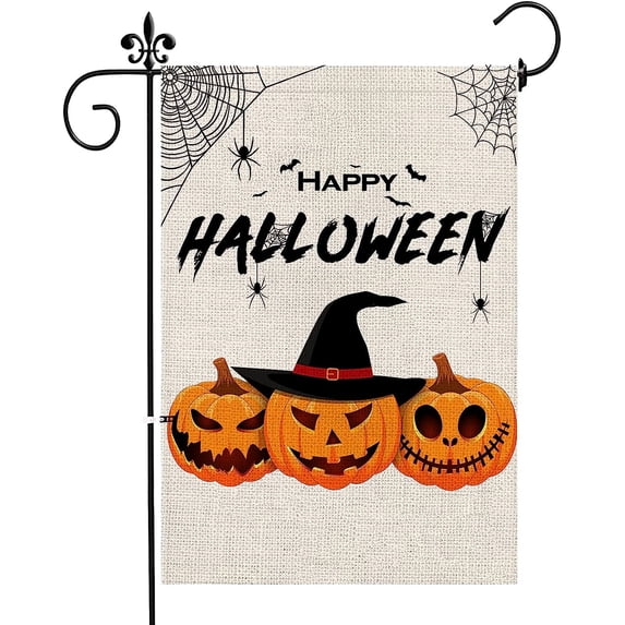 Happy Halloween Garden Flag 12.5 x 18 Inch Double-Sided Burlap Fall Pumpkin Garden Flag,Scary Pumpkin Holiday House Flags for Indoor Outdoor Jack O Lantern Pumpkin Yard Decor