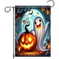 thumbnail image 1 of Happy Halloween Garden Flag 12X18 IN Double Sided Ghost Leaning on Pumpkin Garden Flags for Halloween Harvest Farmhouse Fall Yard Outside Decoration, 1 of 6