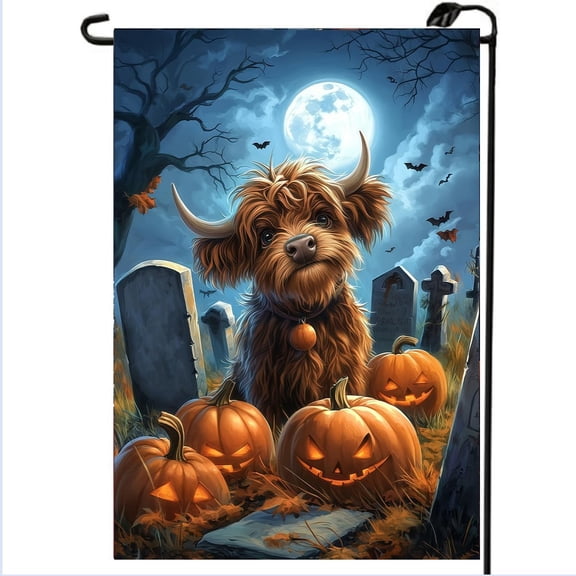 Happy Halloween Garden Flag 12x18 Double Sided, Small Burlap Holiday Graveyard Pumpkin High Cow Garden Flags for Outside Halloween Decorations Outdoor Yard Lawn Porch Dcor