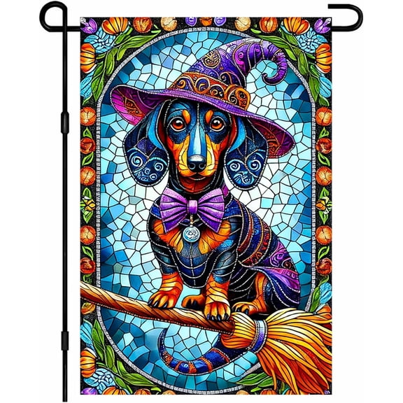 Happy Halloween Garden Flag 12x18 Inch Dachshund Witch Dog Flag Stained Glass Style Yard Banner Double Sided Halloween Outdoor Decorative Flag for Porch Lawn
