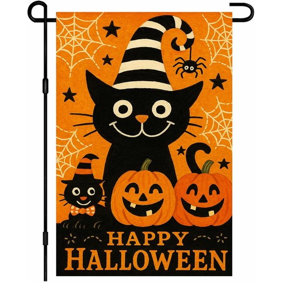 Happy Halloween Garden Flag Double Sided 12x18 Inch Fall Cat Pumpkin Banner Cute Witch Hat Yard Flag Spider Web Outdoor Halloween Decor for Porch Lawn Autumn Holiday Seasonal Welcome Sign