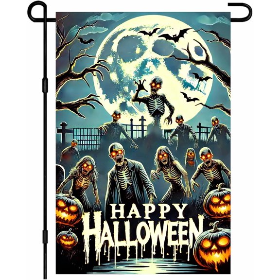 Happy Halloween Garden Flag Fall Zombie Skeleton 12x18 Inch Graveyard Full Moon Bats Jack O Lantern Double Sided Outdoor Banner For Front Yard Porch Lawn Patio Spooky Seasonal Home Decor