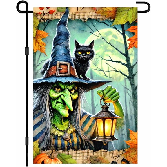 Happy Halloween Garden Flag Spooky Witch Black Cat Flag 12x18 Inch Lantern Full Moon Autumn Leaves Double Sided Outdoor Banner For Front Yard Porch Lawn Patio Seasonal Home Decor Scary