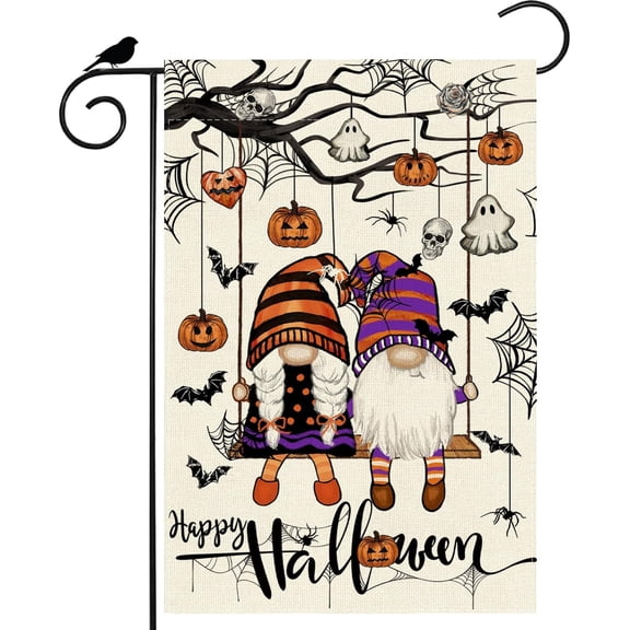 Happy Halloween Garden Flag Swing Gnomes Ghosts Pumpkins Bats Spider Web Yard Flag 12x18 Inch Double Sided Small Mini Yard Outdoor Outside Holiday Party Decoration