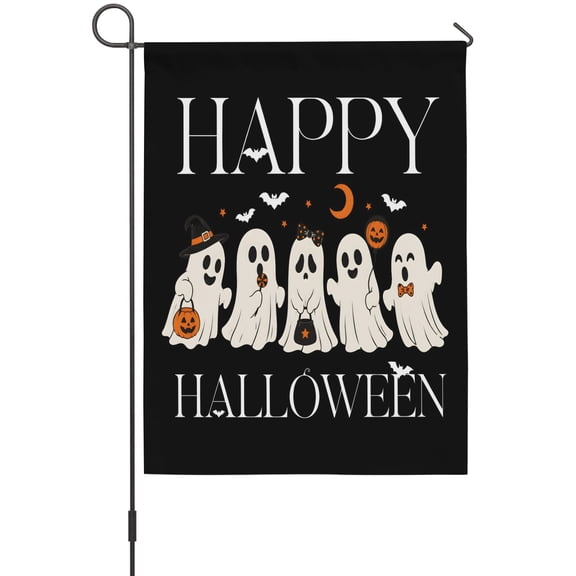 Happy Halloween Garden Flags For Outdoor, Floating White Ghosts Pumpkin Basket Black Small Double Side Yard Flags Weather Proof Garden Decor for Lawn Outside Holiday 12 x 18 Inches