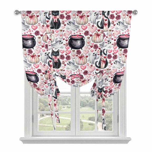 Happy Halloween Ghost Black Cat Tie Up Curtains,Adjustable Rod Pocket Window Shade Curtain Drape Ghost Pumpkin Heart Rose Tie-Up Valance for Kitchen Bedroom Living Room Windows,34"x45"