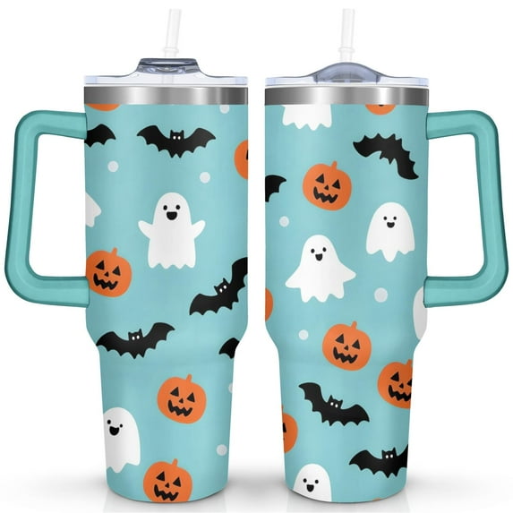 Happy Halloween Ghost Cup with Handle and Straws 40 oz Insulated Halloween Travel Cup Birthday Present for Women Girls Daughter Mom Gifts for Him/Her Coffee Mugs