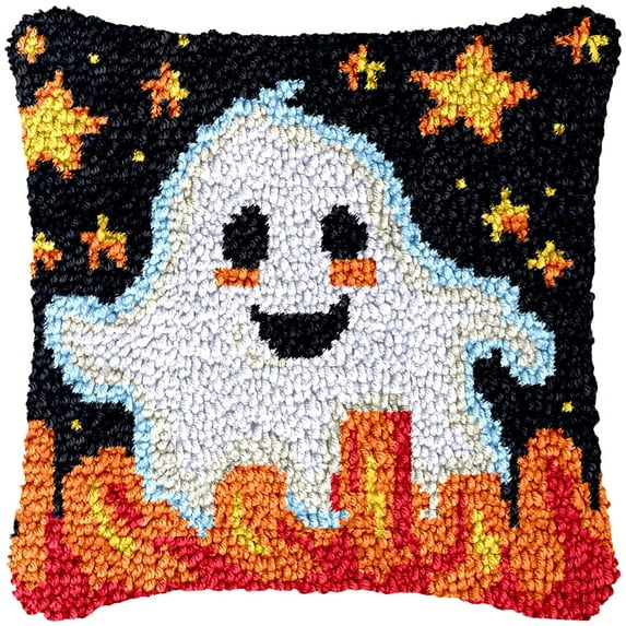 Happy Halloween Ghost Latch Hook kits Pillow Printed Canvas Cushion Crochet Yarn Needlework Hook Latch Kit DIY Embroidery Pillowcase Rug Cover Home Sofa Christmas Decoration 43x43cm(8)