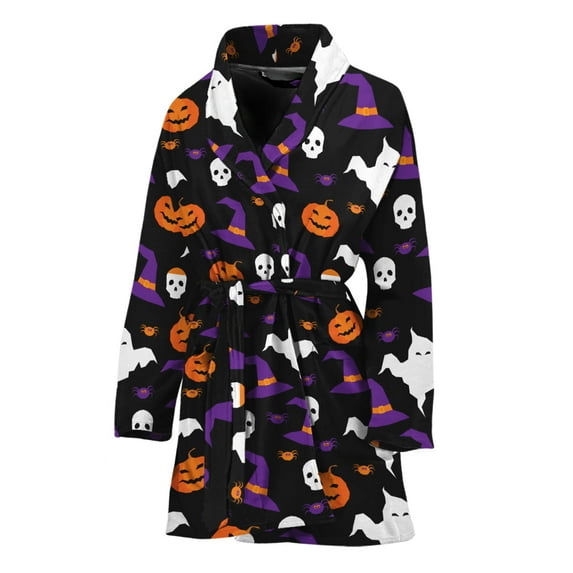 Happy Halloween Ghost Pattern Women Bathrobe One Size Univeral Fits, Halloween Decorative Fashion Lightweight Plush Fleece Long Robe For Women