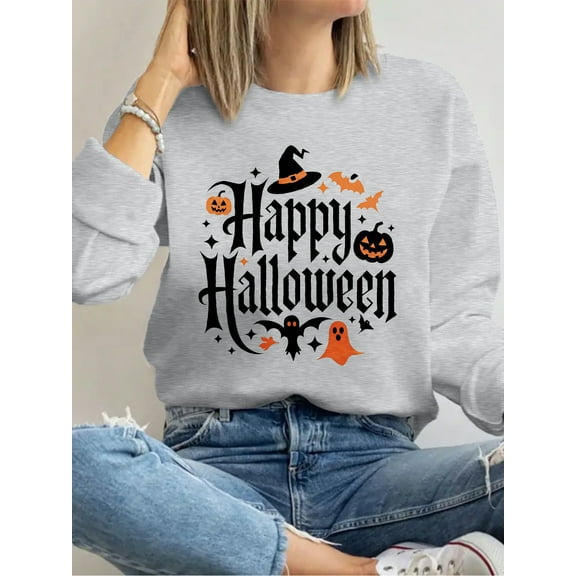 Happy Halloween Ghost Pumpkin Bat Print Halloween Shirt Long Sleeve Shirts For Women Gray One-Piece