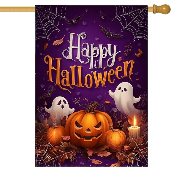 Happy Halloween Ghost Pumpkin Garden Flag, Canvas Jack O Lantern Bat Spiderweb Yard Decoration, 28 x 40 in