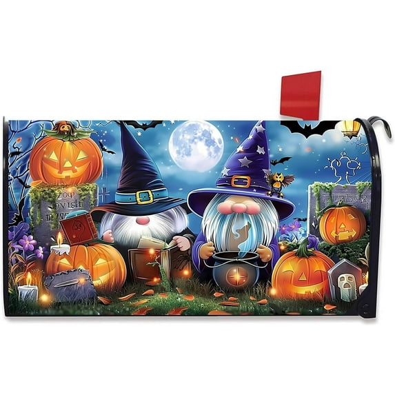 Happy Halloween Gnomes Pumpkin Mailbox Cover Halloween Haunts Magnetic Mailbox Cover Standard Size for Outdoor Garden Yard Decorations