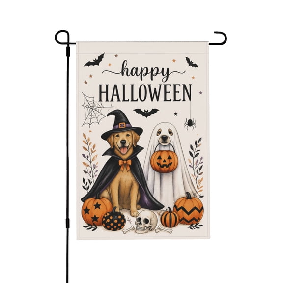 Happy Halloween Golden Retriever Dog Garden Flag With Pumpkin Witch Hat Skull For Fall Farmhouse Yard Decor 12x18 in