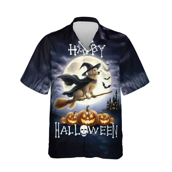 Happy Halloween Golden Retriever Witch Pumpkins Bats Hawaiian Shirt Breathable Summer Unisex Merch Goldens Dog Lover Gifts Idea - 13012