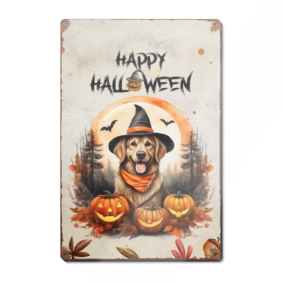 Happy Halloween Golden Retriever Witches Hat Pumpkin Carving Vertical Metal Aluminum Sign Goldens Dog Lover Gifts Idea Wall Art Home Decor - 02019