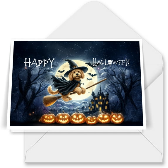 Happy Halloween Goldendoodle Witch Pumpkins Bats 7x5in Folded Greeting Card Doodle Dog Lover Gifts Idea Single Note Card with Envelope - 13012