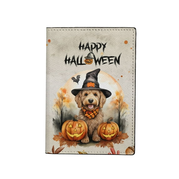 Happy Halloween Goldendoodle Witches Hat Pumpkin Carving Travel Passport Wallet Doodle Dog Lover Gifts Idea PU Leather Passport Holder Cover - 02019