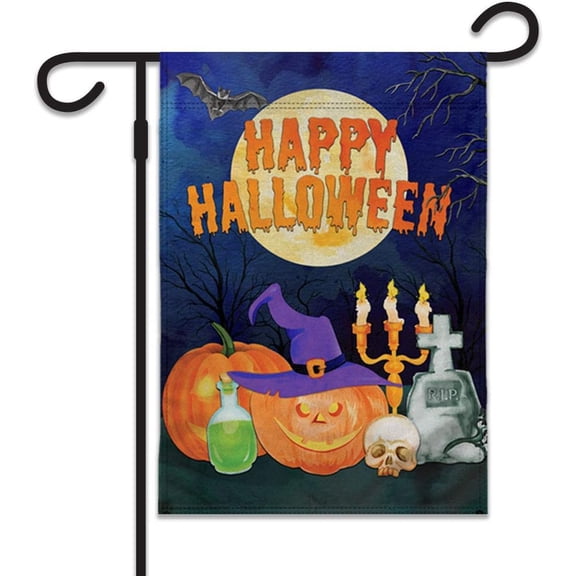 Happy Halloween Graveyard Garden Flag - 12x18 Double Sided Garden Flag for Porch, Yard, Garden, Home, Holiday Decor