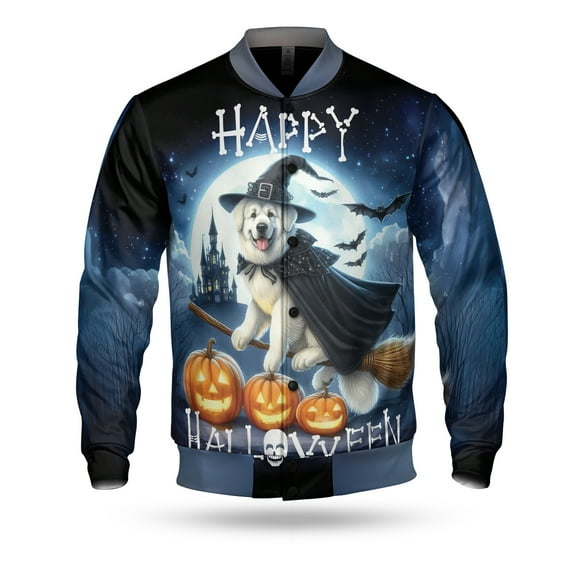 Happy Halloween Great Pyrenees Witch Pumpkins Bats All Over Print 3D Baseball Jacket Pyr Dog Lover Bomber Jacket Softball - 13012