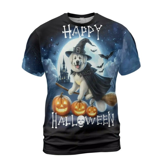 Happy Halloween Great Pyrenees Witch Pumpkins Bats All Over Print 3D Shirt Unisex Merch Pyr Dog Lover - 13012