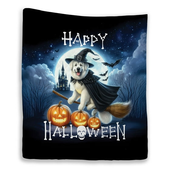 Happy Halloween Great Pyrenees Witch Pumpkins Bats Quilt Blanket Pyr Dog Lover Cozy Comforter Throw Blanket - 13012