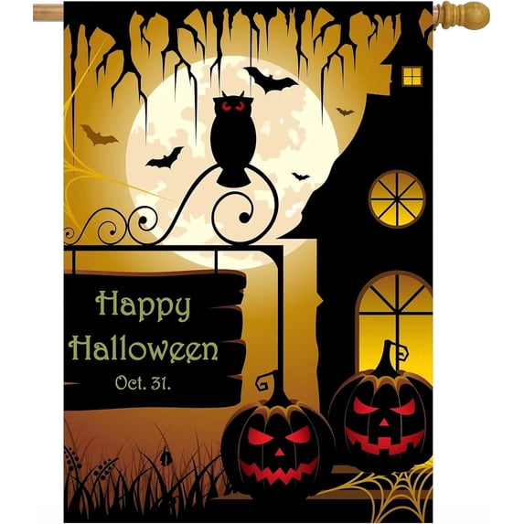 Happy Halloween Hallowmas Holiday Scary Bats Jack-O-Lantern Pumpkins Owl Moon House Flag 28 x 40 Inch, Double Sided Large Garden Yard Welcome Flags Banners for Home Lawn Patio Outdoor Decor