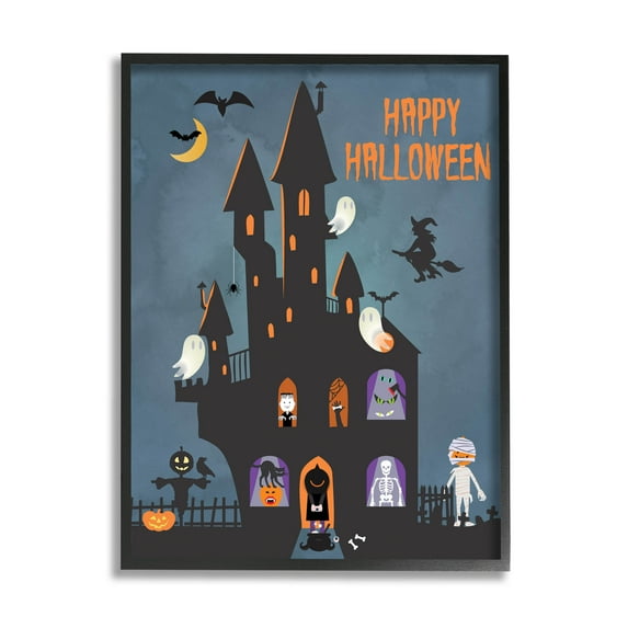 Happy Halloween Haunted Ghost House Holiday Graphic Art Black Framed Art Print Wall Art
