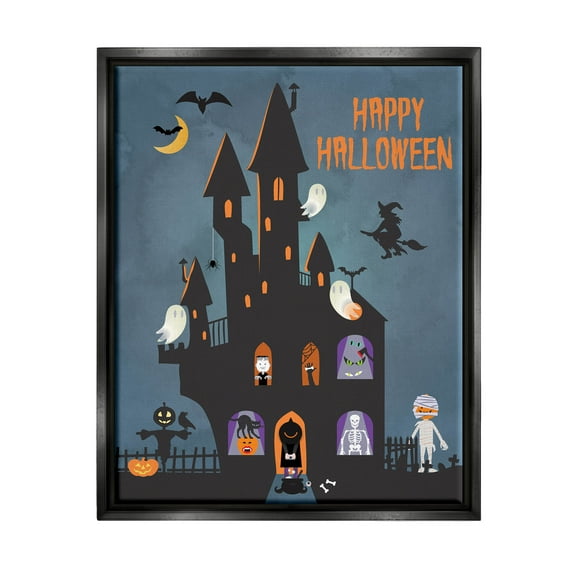 Happy Halloween Haunted Ghost House Holiday Graphic Art Jet Black Framed Art Print Wall Art