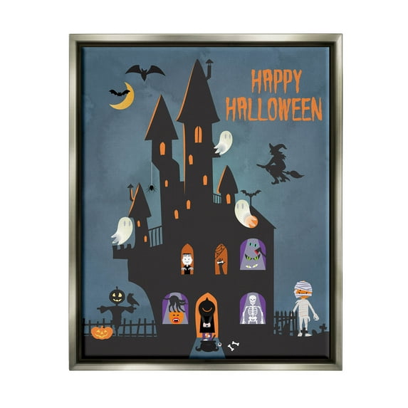 Happy Halloween Haunted Ghost House Holiday Graphic Art Luster Gray Framed Art Print Wall Art