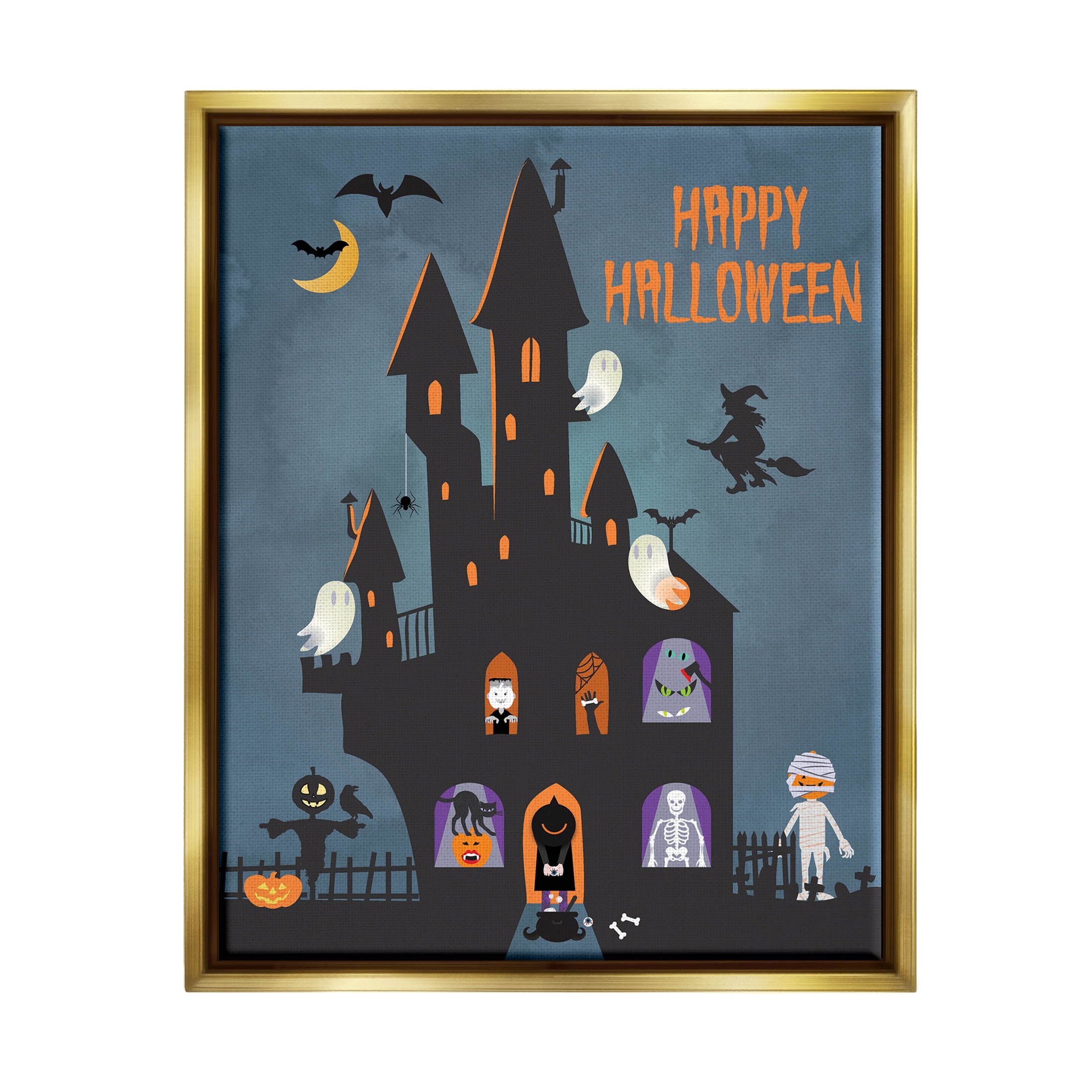 Happy Halloween Haunted Ghost House Holiday Graphic Art Metallic Gold Framed Art Print Wall Art