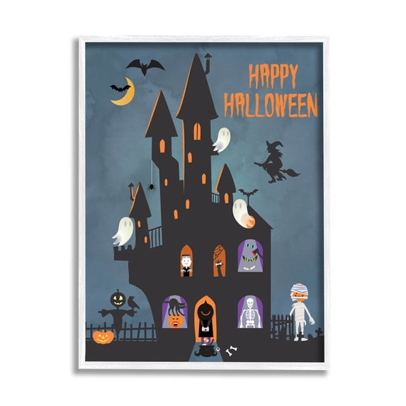 Happy Halloween Haunted Ghost House Holiday Graphic Art White Framed Art Print Wall Art