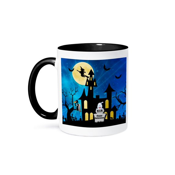Happy Halloween Haunted House With Harvest Moon, 11oz Two-Tone Black Mug