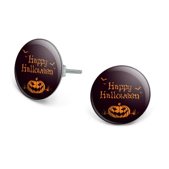 Happy Halloween Holiday Pumpkin Jack-o-lantern Bats Novelty Silver Plated Stud Earrings