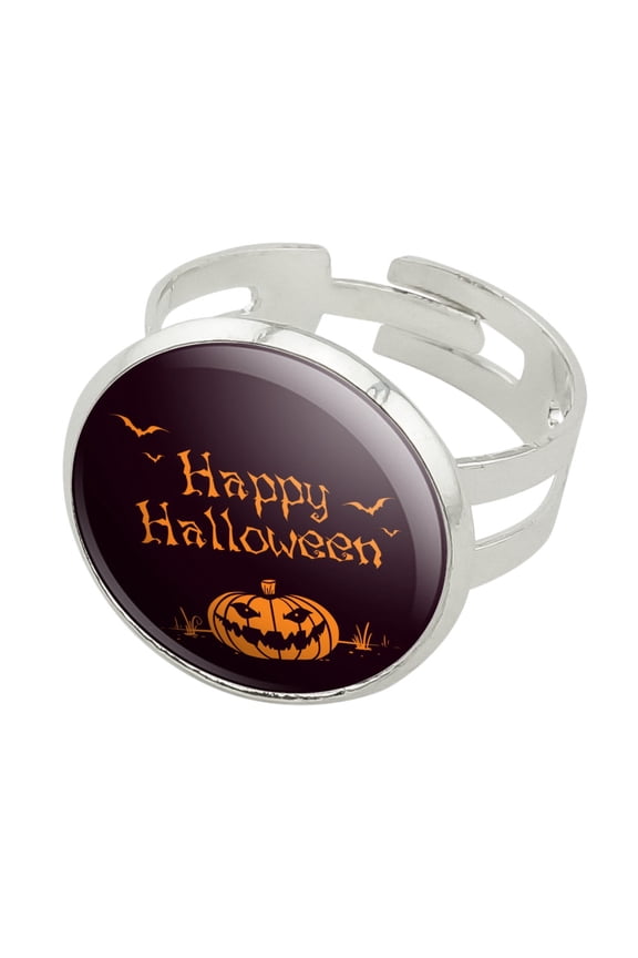 Happy Halloween Holiday Pumpkin Jack-o-lantern Bats Silver Plated Adjustable Novelty Ring