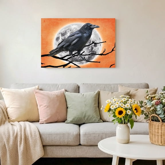 Happy Halloween Horror Crow Moon Framed Canvas Wall Art Print in USA,Canvas Pictures Painting Prints Black Branch Orange Gradient Wall Artwork for Home Office Living Room Bedroom Decor,10"x8"