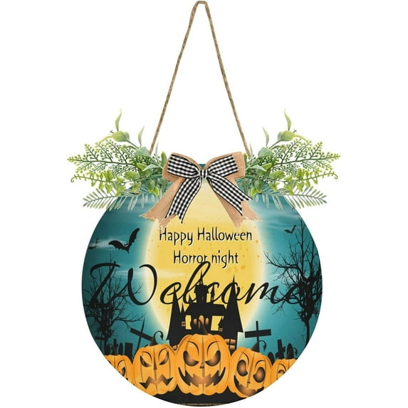 Happy Halloween Horror Night Welcome Sign Front Door Round Wall Door Sign with Flowers Hanging Sign for Entryway Front Porch Hallway Yard Garden Home Decor