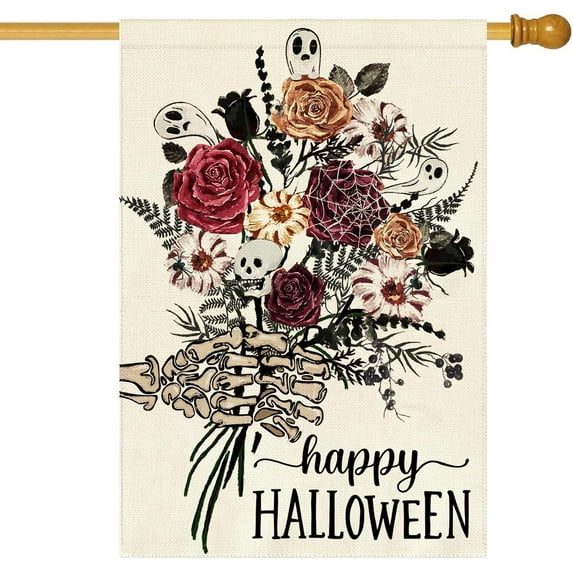 Happy Halloween House Flag 28 x 40 Inch Double Sided Burlap Skeleton Hand Holding a Bouquet of Flowers Flags For Outside Holiday Seasonal Yard Outdoor Decoration