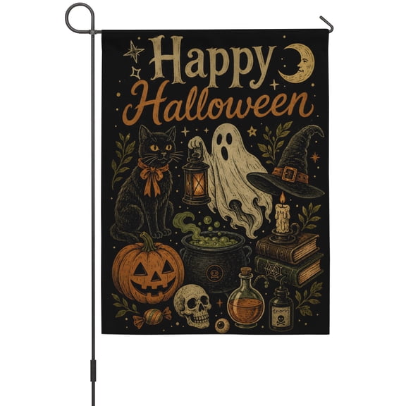 Happy Halloween House Flag 28 x 40 Inches, Vintage Fall Pumpkin Floating Ghost Black Cat Skull Weather Proof Outdoor Patio Flags Double Sided Small House Decoration for Yard Lawn Outside Home