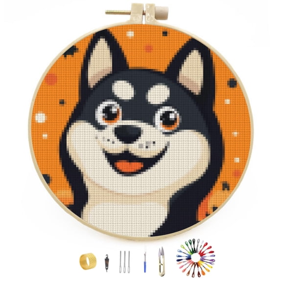 Happy Halloween Husky Dog DIY Stamped Cross Stitch Kits Easy for Beginners with Hoop 11CT Counted Embroidery Needlepoint Crafts Arts for Handmade Enthusiasts and Home Decor 30x30cm(2)
