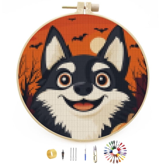 Happy Halloween Husky Dog DIY Stamped Cross Stitch Kits Easy for Beginners with Hoop 11CT Counted Embroidery Needlepoint Crafts Arts for Handmade Enthusiasts and Home Decor 30x30cm(4)