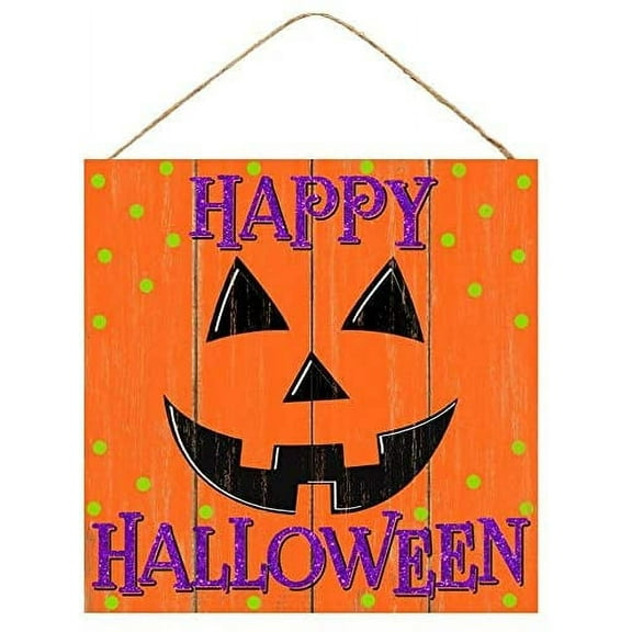 Happy Halloween Jack-O-Lantern Face Sign - 10" x 10", Wooden Decoration
