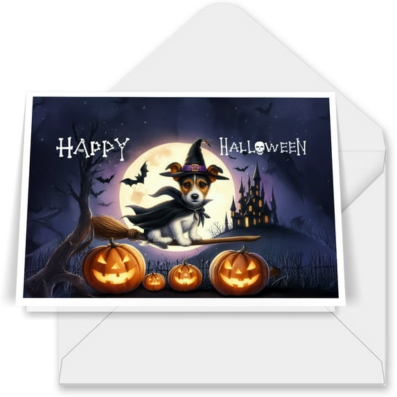 Happy Halloween Jack Russell Terrier Witch Pumpkins Bats 7x5in Folded Greeting Card Parson Jack Dog Lover Single Note Card with Envelope - 13012