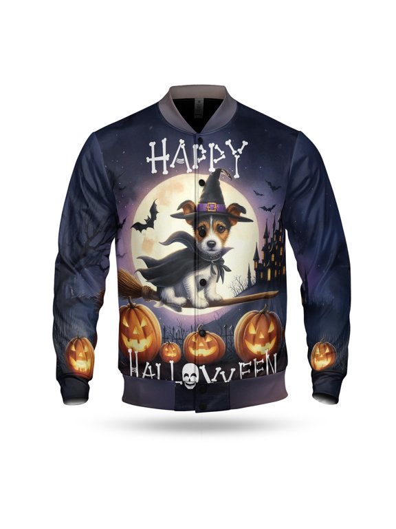 Happy Halloween Jack Russell Terrier Witch Pumpkins Bats All Over Print 3D Baseball Jacket Parson Jack Dog Lover Bomber Jacket Softball - 13012
