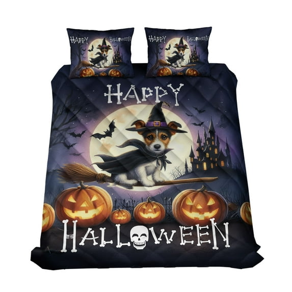 Happy Halloween Jack Russell Terrier Witch Pumpkins Bats Quilt Bedding Set Parson Jack Dog Lover 1 Blanket Bed Cover 2 Pillowcases - 13012