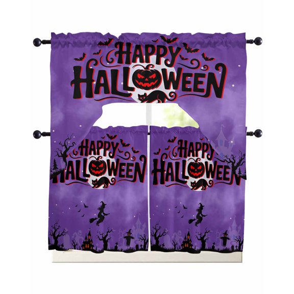 Happy Halloween Kitchen Curtains Sets 36 Inch Length with Valance, Pumpkin Witch Castle Cat Tree Purple Black Swag Valances and Tiers Curtain Set Drapes Swag Curtains for Living Room, Bathroom